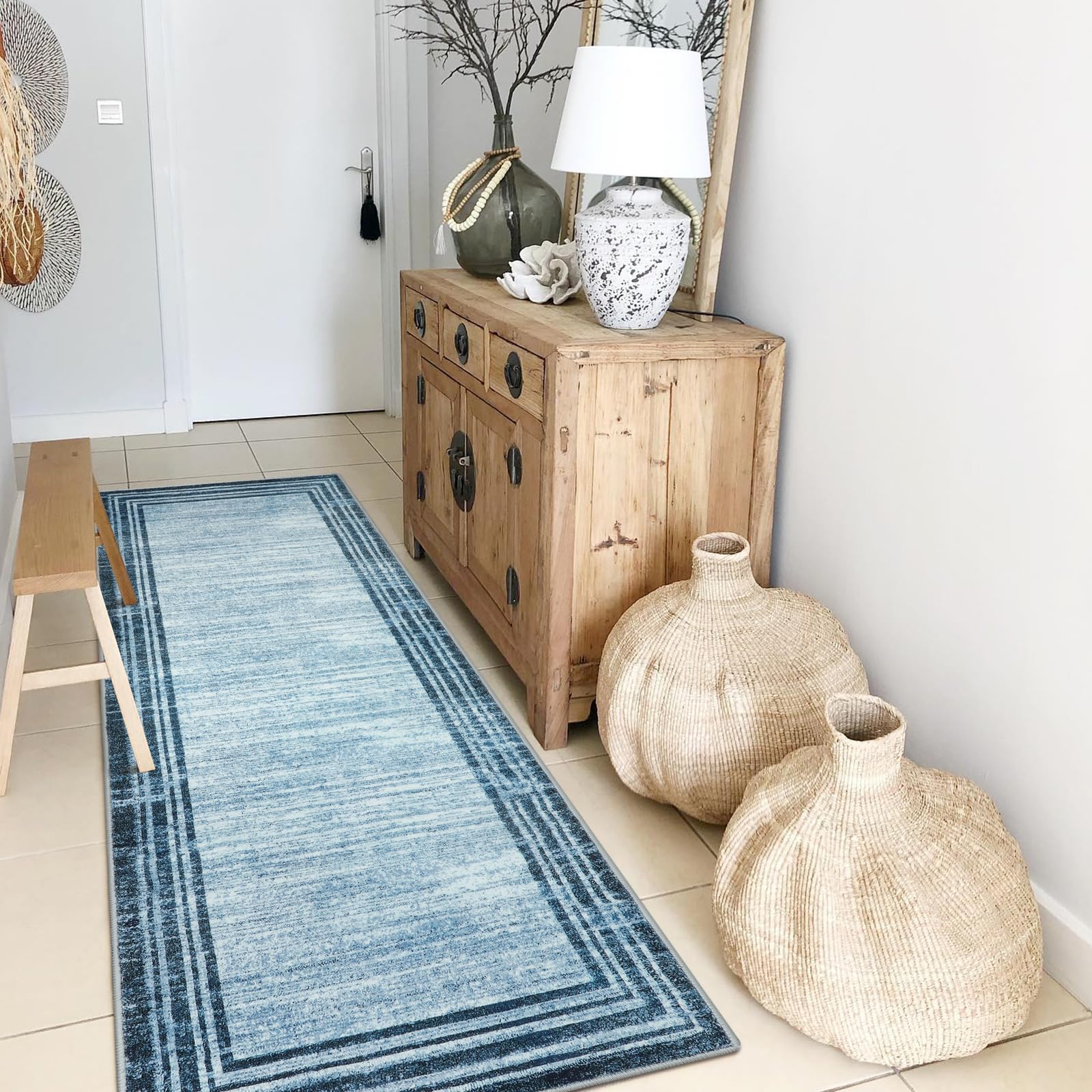 Photo 1 of Lahome Modern Abstract Runner Rug, Washable Blue 2x6 Runners for Hallways Non Slip Bathroom Rug Runners, Low-Pile Soft Kitchen Runner Rubber Backed Carpet Runner for Bedroom Entryway
