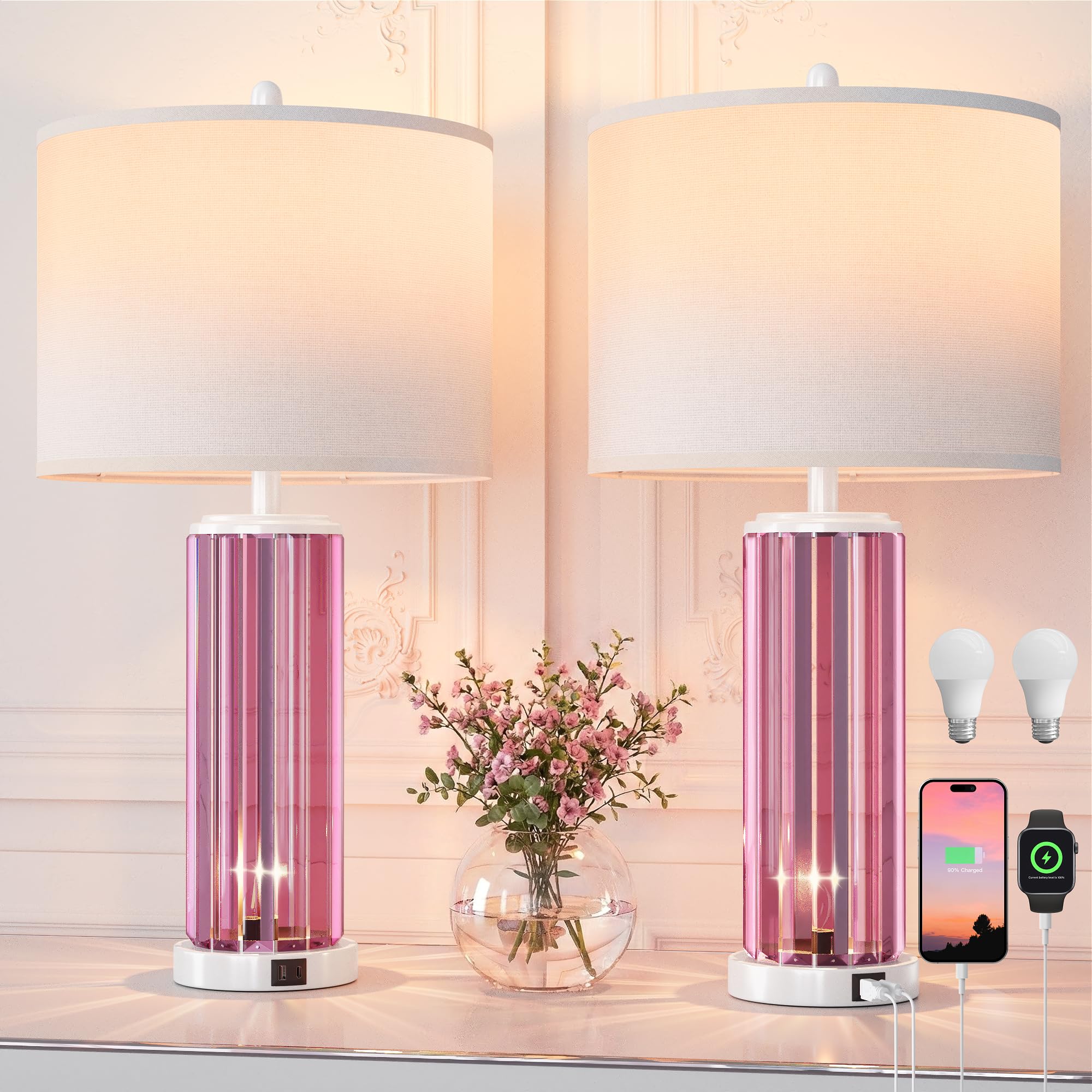 QiMH Table Lamps for Bedroom Set of 2 with Nightlight, Modern Bedside Lamp with USB A+C Charging Port, White Pink Nightstand Lamp for Living Room White Shade Home Decor, 2 Bulbs Included Image