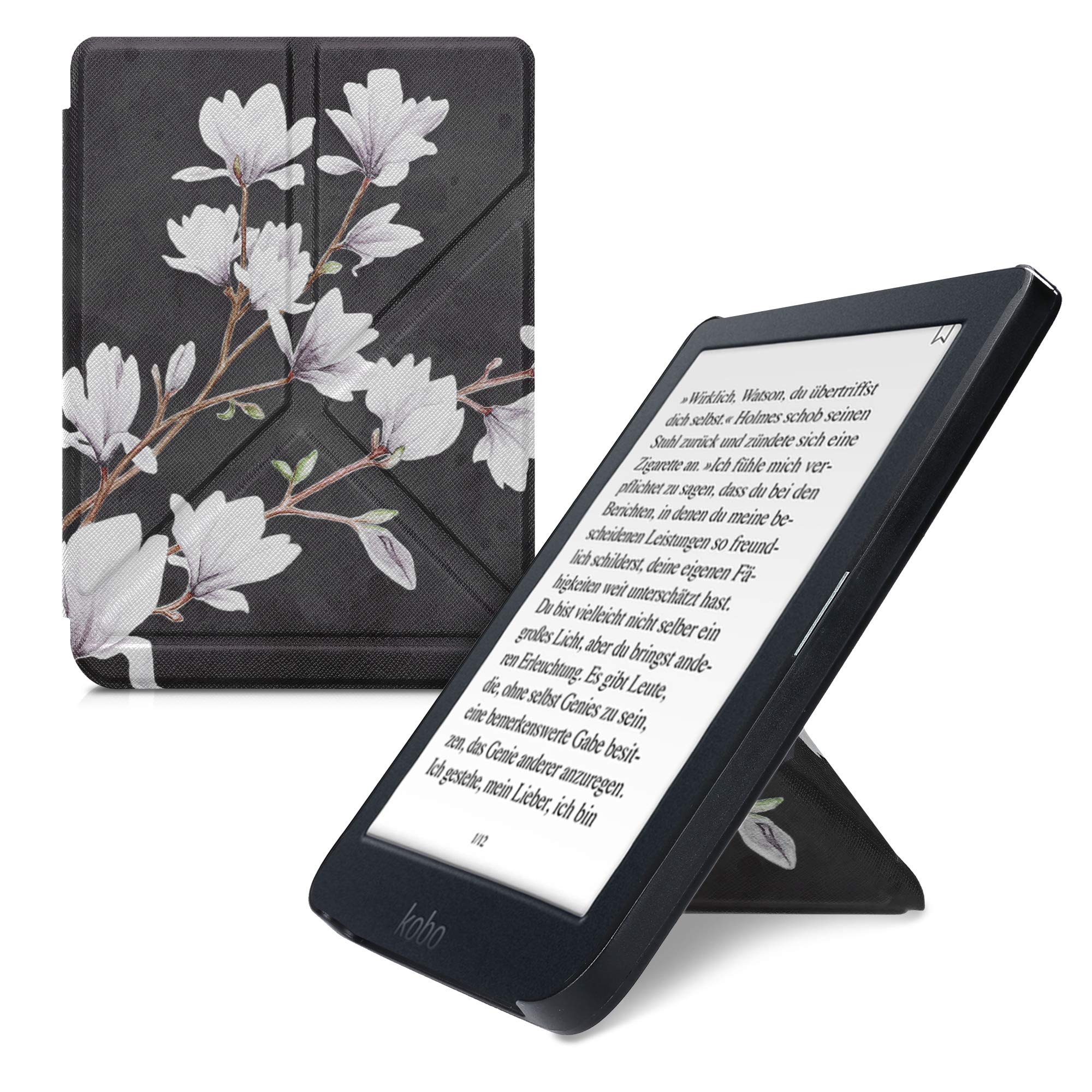 kwmobile Origami Case Compatible with Kobo Nia - Case Slim Premium PU Leather Cover with Stand - Magnolias Taupe/White/Dark Grey