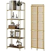 Crofy No Assembly Folding Bookshelf for Living Room, 5 Tier Gold Collapsible Book Shelf for Home Office, Portable Bookcase Storage Organizer