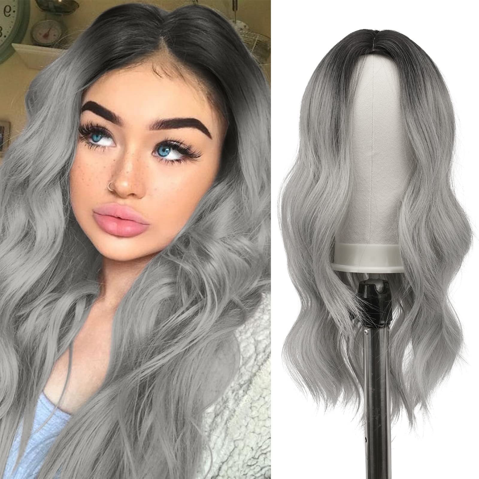 Photo 1 of FESHFEN Long Ombre Gray Wigs for Women 22 inch Black Root to Grey Long Wavy Full Wig Middle Parting Wigs Natural Looking Synthetic Wig for Daily Party