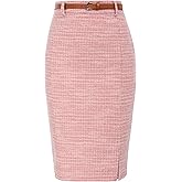 Kate Kasin Women's Tweed Pencil Skirt Knee Length High Waisted Skirts with Slit Elegant Skirts with Belt