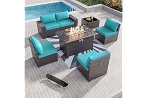 Kullavik 7 Pieces Outdoor Patio Furniture Set with 43" 55000BTU Gas Propane Fire Pit Table PE Wicker Rattan Sectional Sofa Patio Conversation Sets,Green Blue