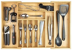 KitchenEdge Premium Silverware, Flatware and Utensil Organizer for Kitchen Drawers, Expandable to 25 Inches Wide, 10 Compartments, 100% Bamboo