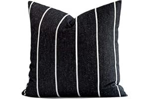 Crumbs Home Modern Farmhouse Fall Linen Indoor Outdoor Throw Pillow Cover Only, 22"x22" Water Repellent for Patio, Backyard, Couch, Black Neutral Vertical Stripes
