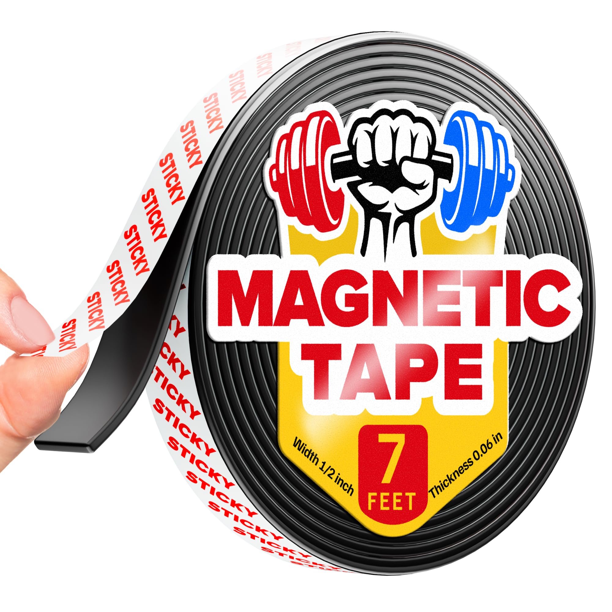 Super Sticky Magnetic Tape (7 Feet x 1/2 Inch / 2m x 1.25cm) - Strong Magnet Strip with Adhesive Backing for DIY & Crafts - Easy to Cut and Mount On Fridges, Whiteboards & More - Organization