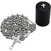 HanlinCC Stainless Steel Catholic Rosary Necklace with Gift Box with Saint Benedict Saint Michael Miraculous medal for Men and Women