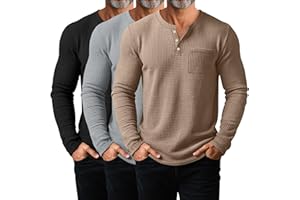 August Alley 3 Pack Men's Waffle Henley Long Sleeve Thermal Shirts, Casual Regular Fit Undershirts Pullover Tops with Pockets