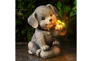 YOEGO Solar Dog Garden Statue with Lantern Light – 8.2in Outdoor Dog Figurine for Women, Mom, Grandma,Garden Gifts，Home Decoration with Butterfly