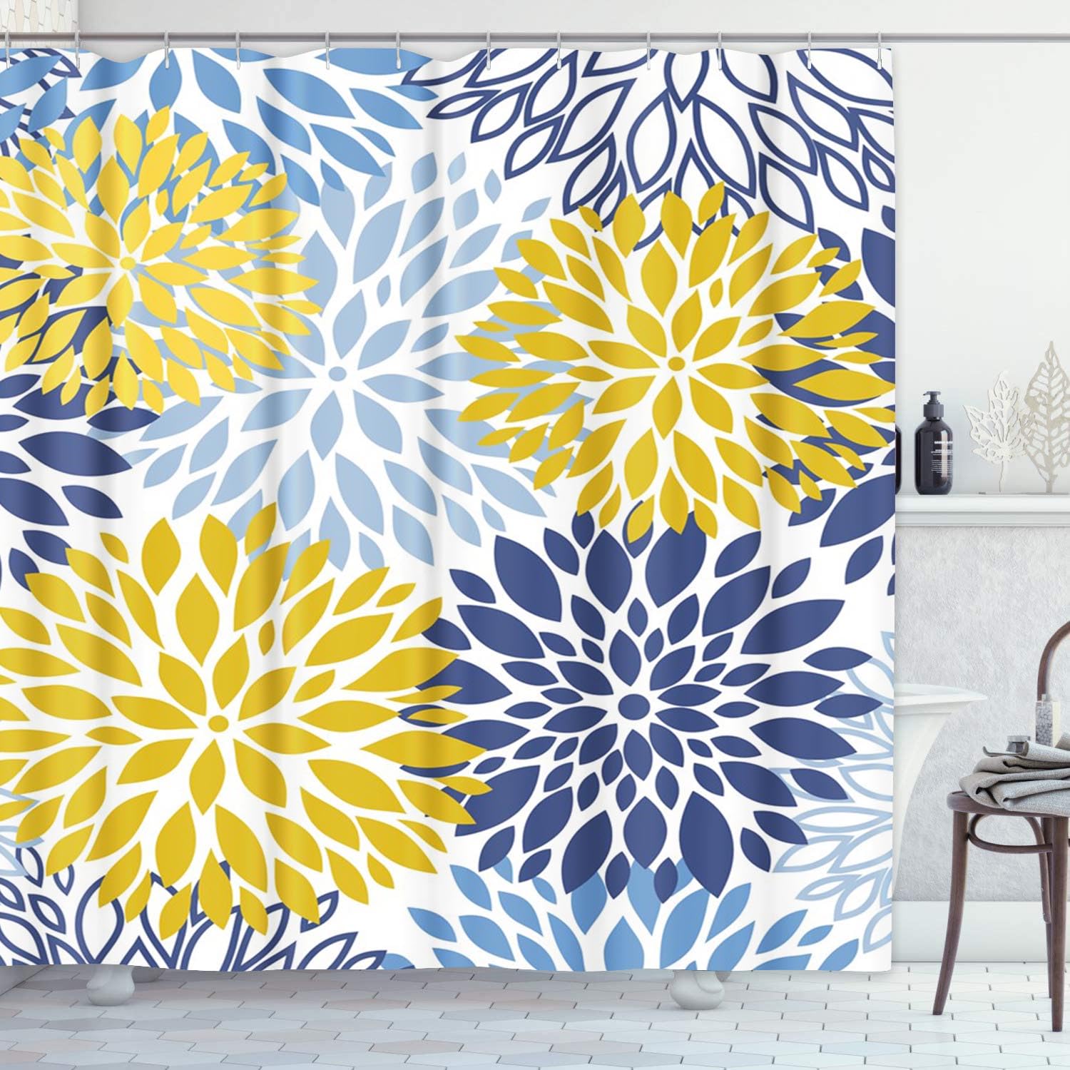 TOMPOP Shower Curtain Green Spring Flower Blue Yellow and Navy Chrysanthemum Brown Waterproof Polyester Fabric Bathroom 72 x 72 Inches Set with Hooks