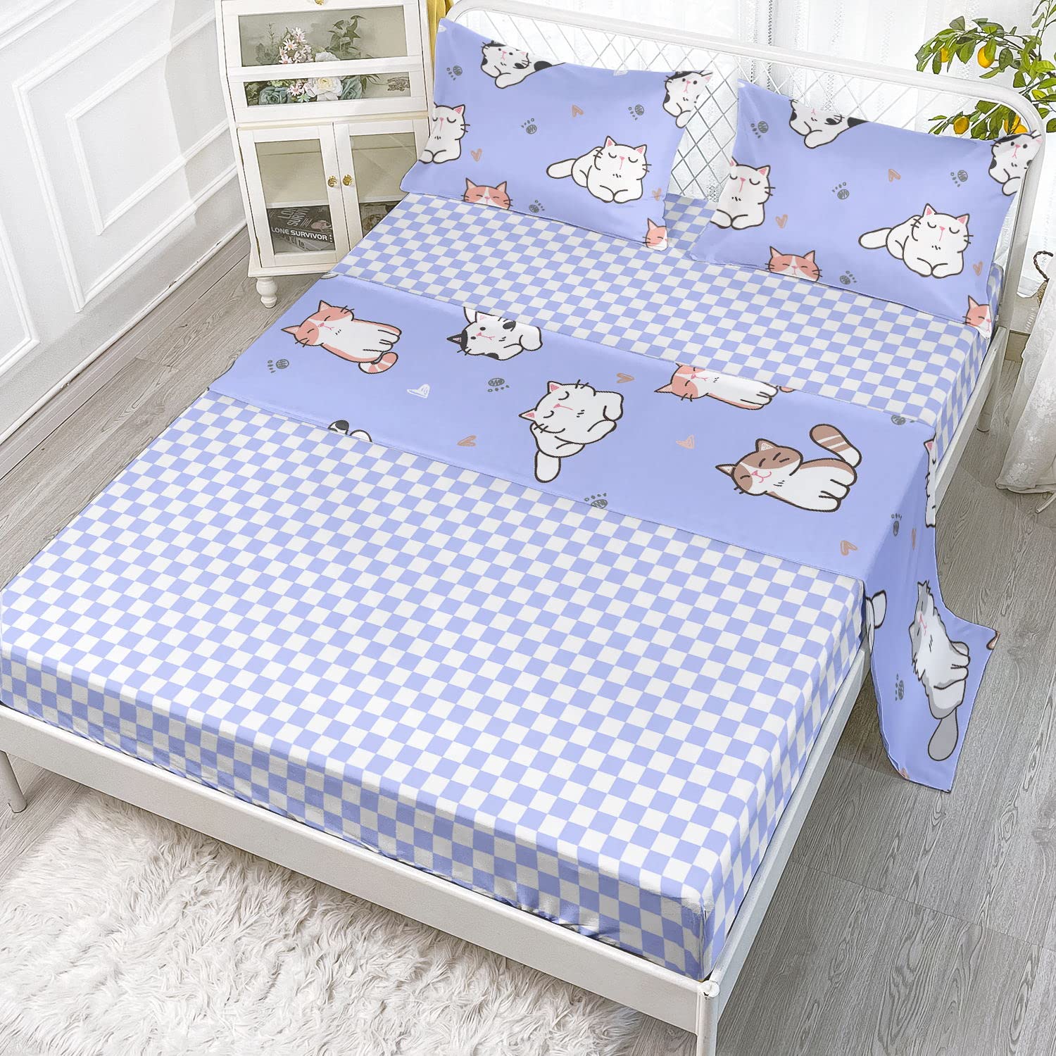 Photo 1 of Datura home Kawaii Cat Sheet Set 4Pcs Lovely Kitten Print Cute Animal Printed Sheet Set with 1 Flat Sheet and 1 Fitted Sheet + 2 Pillowcases for Girls(Cat Twin)