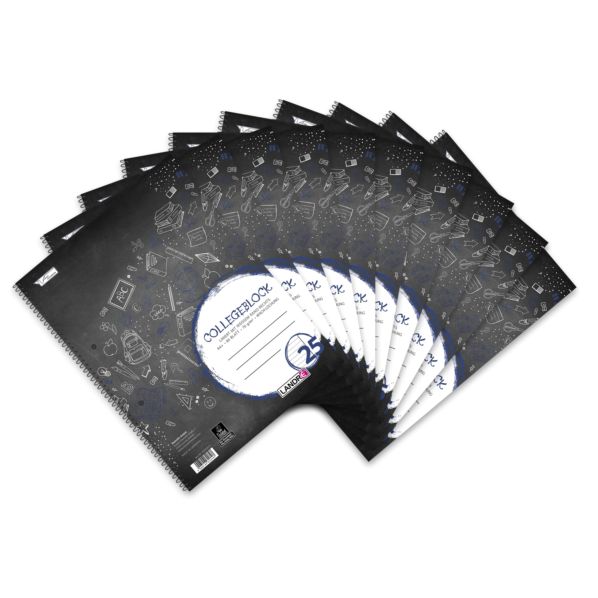 Landre 100050568 Graph Paper Notebook A4 80 Pages 70 g/m² (Pack of 10 Spiral-Bound Notepad "College", A4 Rip-Out, 80 Sheets, Lined/Margin On The Right