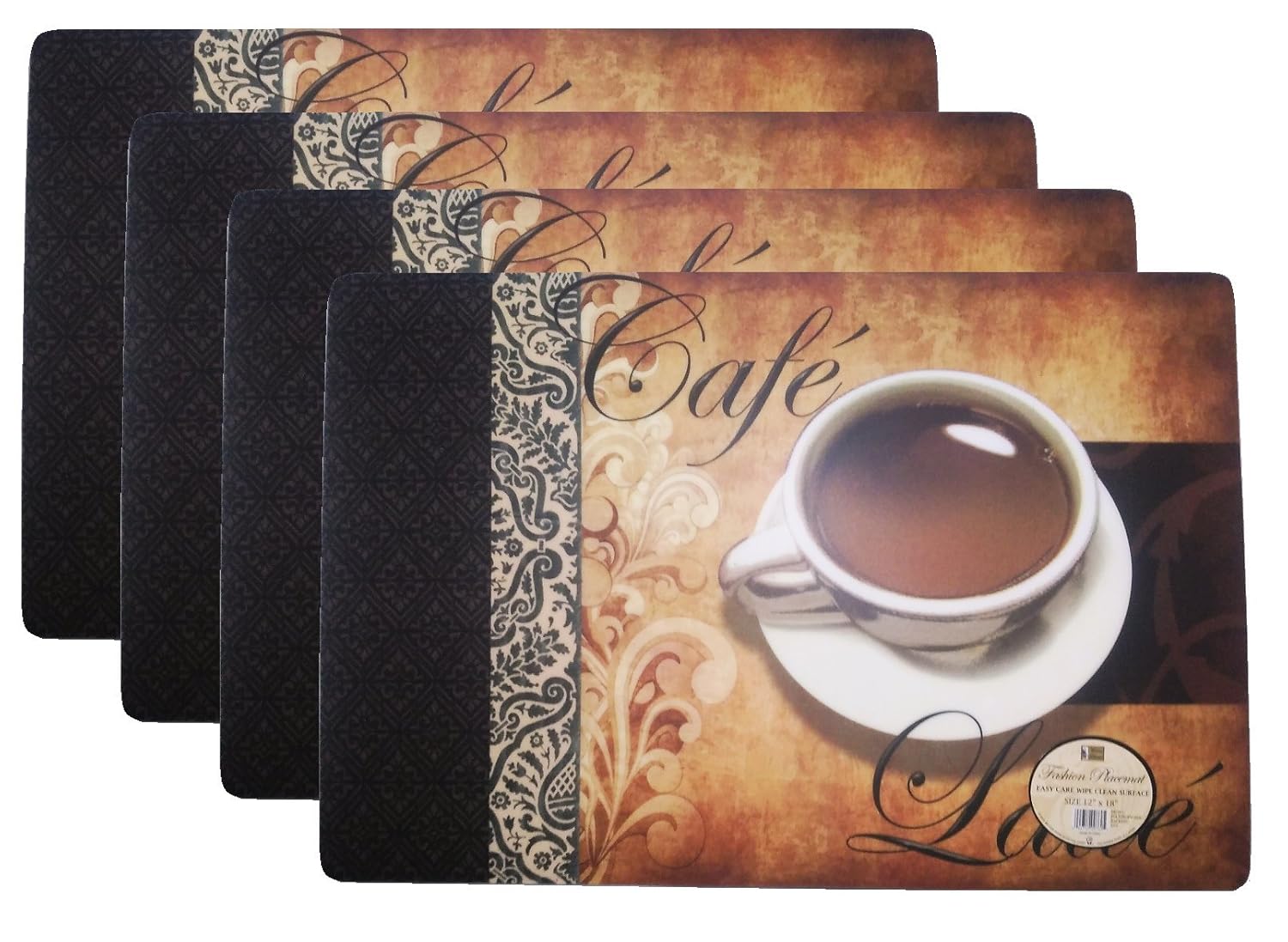 Set of 4 Coffee Pattern Fashion Placemats Durable Foam Backing Ease Care Wipe Clean Table Place Mat Set 12" X 18"