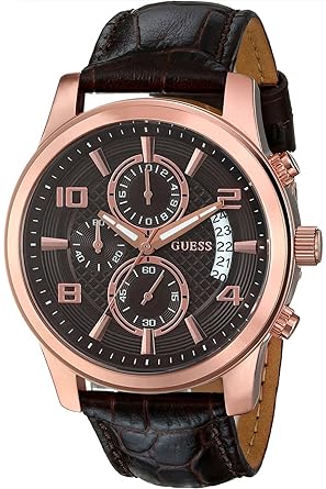 GUESS W0076G4 Men s Chronograph Rose Gold Tone Stainless Steel Case Brown Leather Strap 50m WR