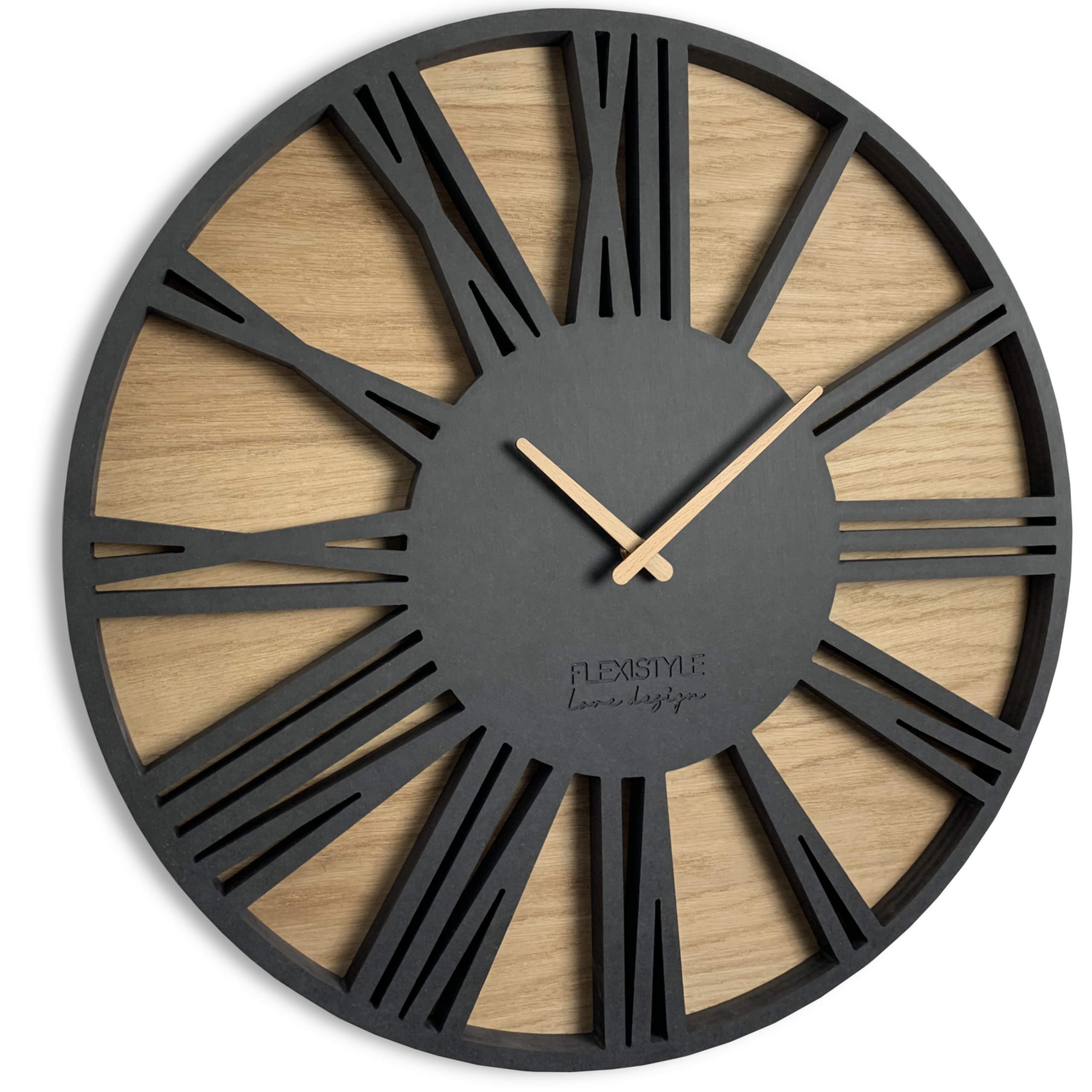Modern wood wall clock Roman LOFT 50cm diameter oak black silent movement living room bedroom