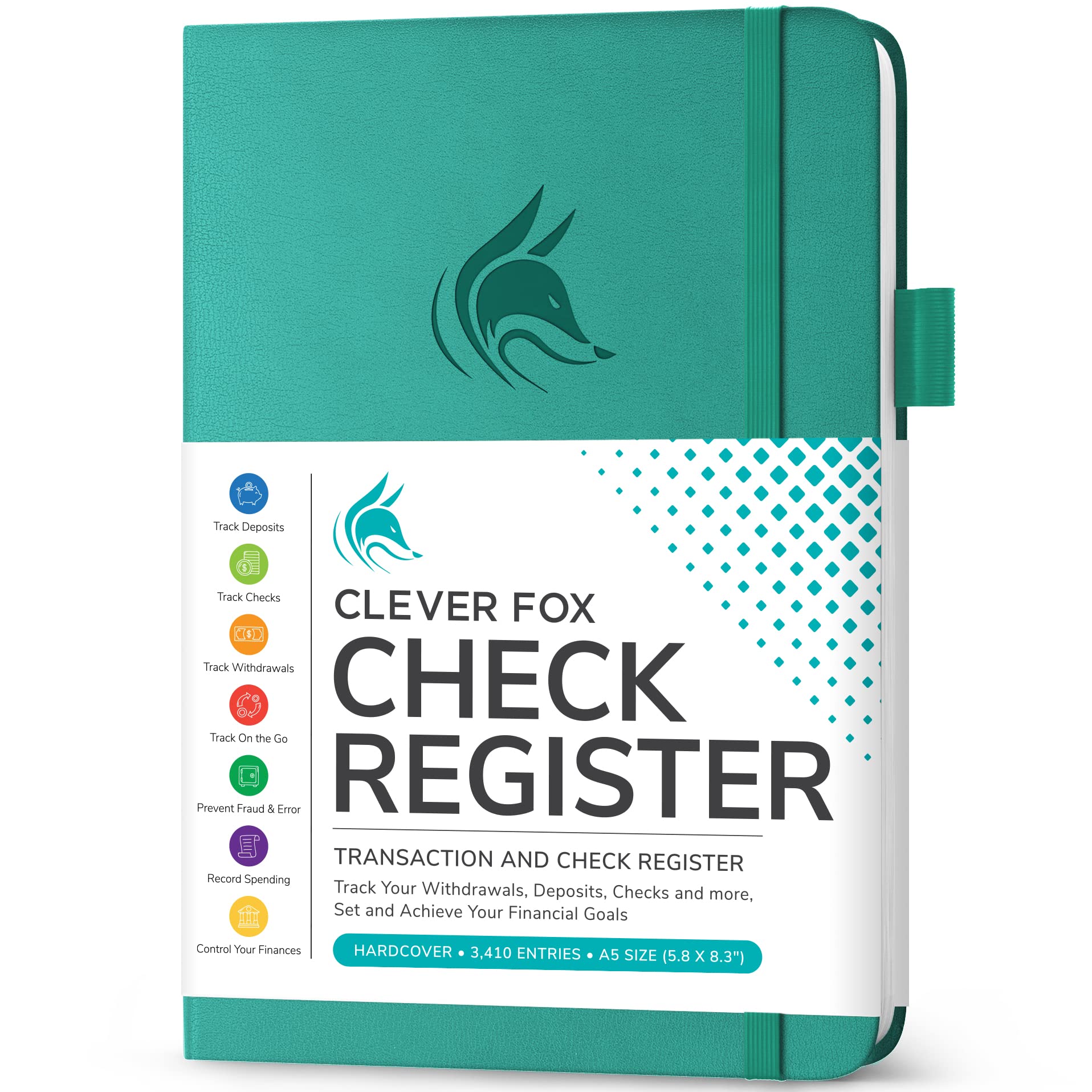 Clever Fox Check Register – Deluxe Checkbook Log with Check & Transaction Registers, Bank Account Register Booklets for Personal and Work Use, A5-Sized Hardcover, Turquoise
