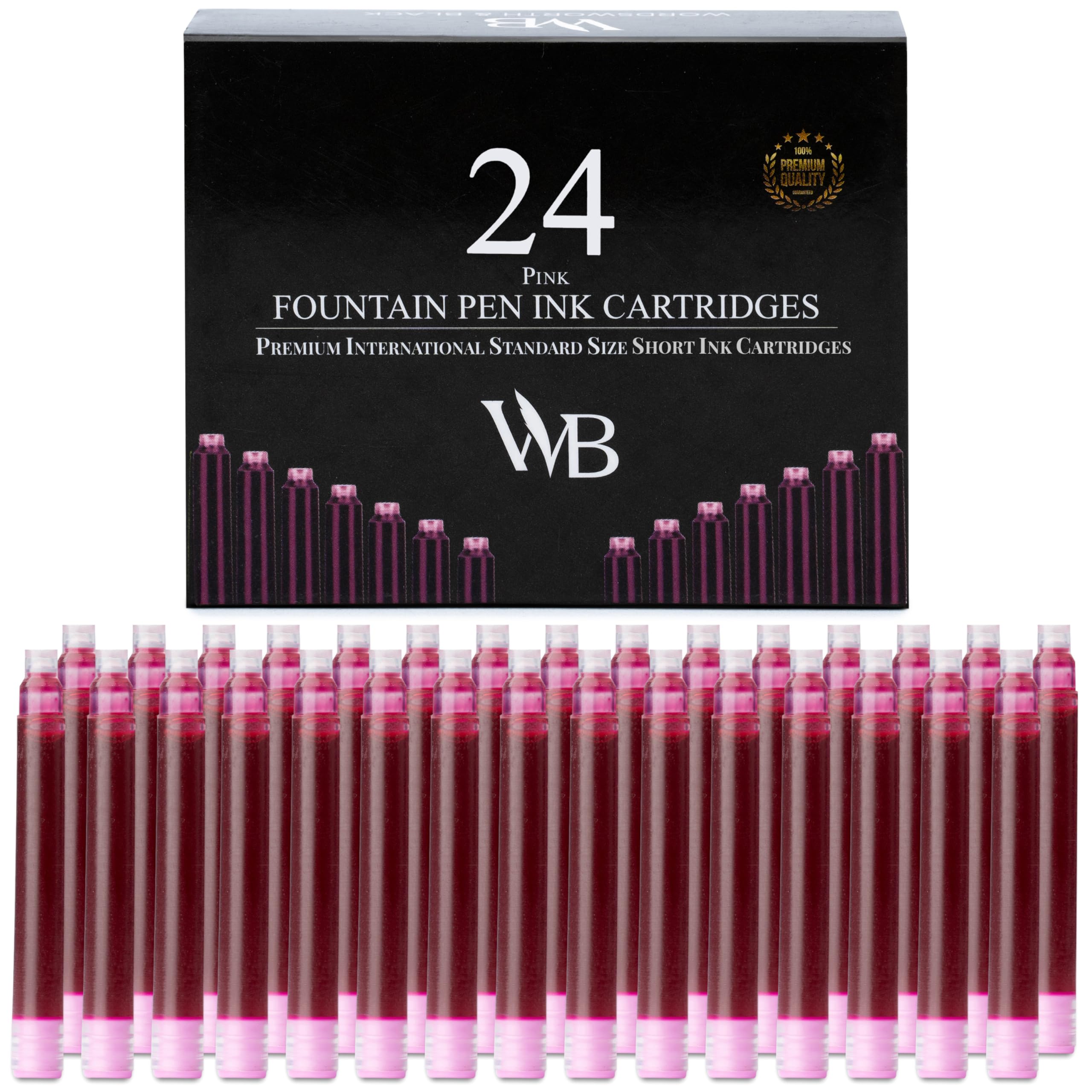 Wordsworth & Black 24 Pack Fountain Pen Ink Refills - Set of 24 Pink Ink Cartridges - International Standard Size - Length APPR 2.3" - Base Diameter APPR 0.24" - Disposable and Generic