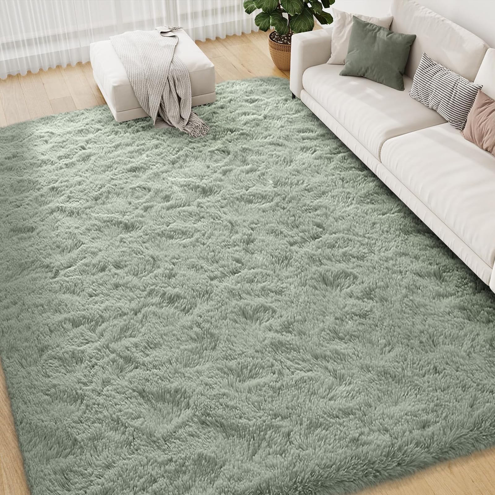 FVVRAX 150x240cm Light Green Shaggy Rug – Soft Fluffy Area Rug for Living Room & Bedroom, Non-Slip Plush Carpet for Kids, Nursery, Dorm, Machine Washable Large Floor Mat