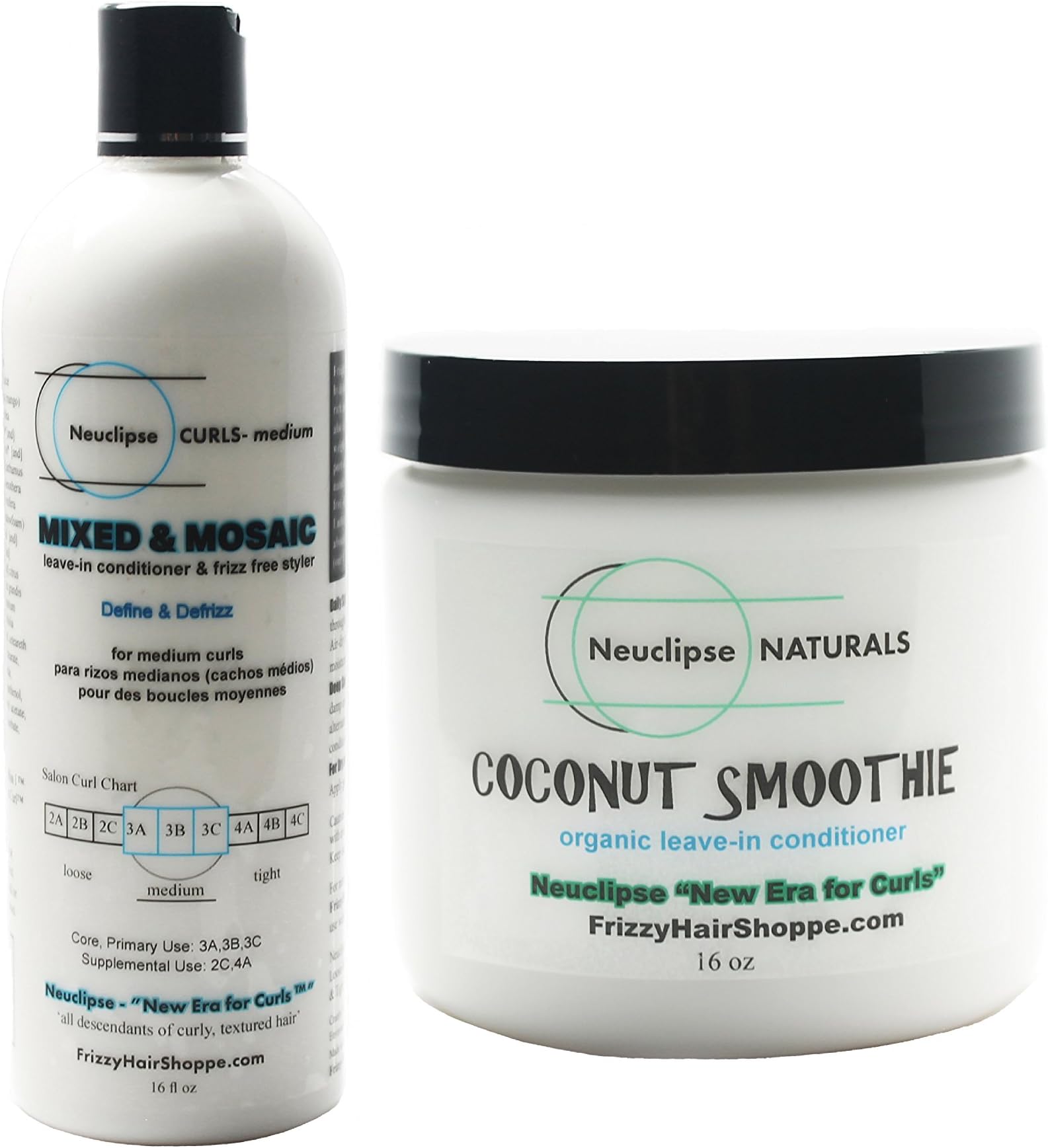 Bundle - 2 Items: Frizzy Hair Shoppe Neuclipse Curls MIXED & MOSAIC Leave-in Conditioner Medium Curls 16 oz, Neuclipse Naturals COCONUT SMOOTHIE Leave-in Conditioner 2c to 3b/c Curl Types