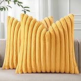 Pallene Faux Fur Plush Throw Pillow Covers 20x20 Set of 2, Luxury Soft Fluffy Striped Decorative Pillow Covers for Sofa, Couch, Living Room, Mustard Yellow