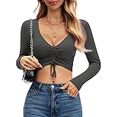 BESTPOEM Sexy Long Sleeve Crop Top for Womens Valentine's Day Deep V Neck T Shirt Adjustable Ruched Cotton Tee Tops