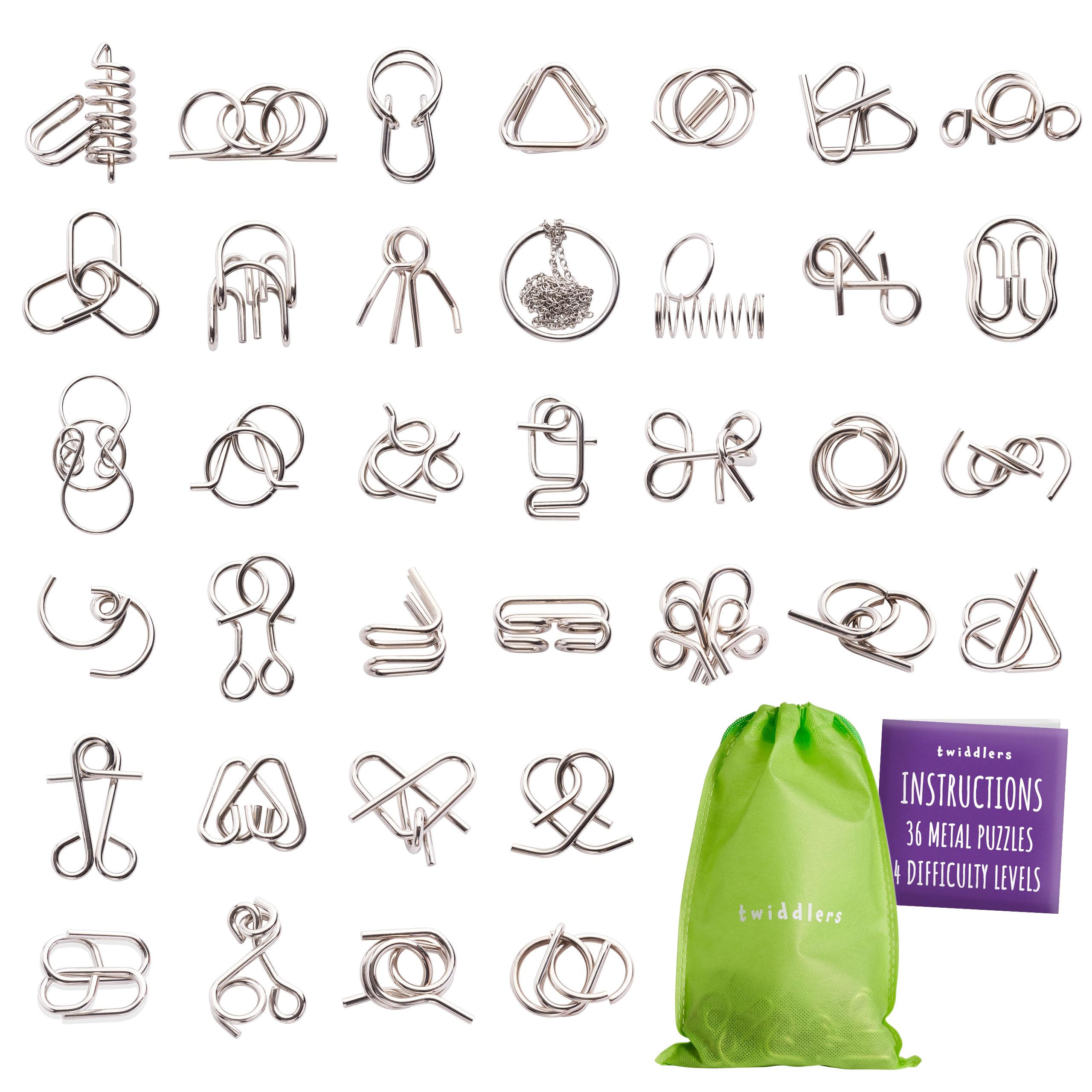 THE TWIDDLERS 36 Piece Metal Wire Brain Teaser Puzzle Set - IQ Mind Games Multipack, Educational Brain Teasers for Party Bag Fillers for Kids & Adults Party Favours (Instructions Included)