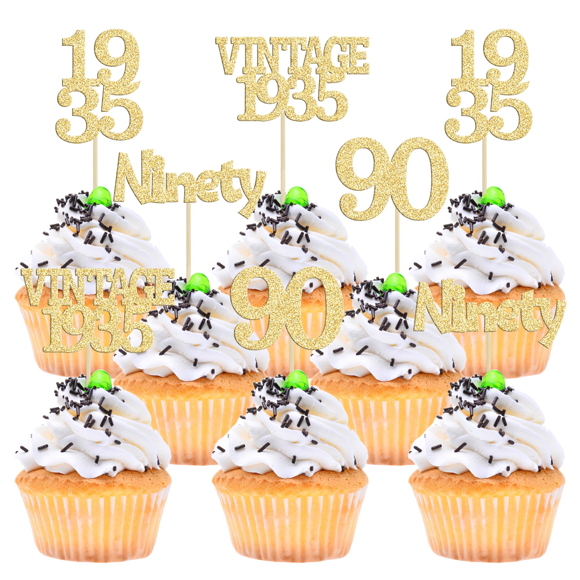 Gyufise 24Pcs 90th Birthday Cupcake Toppers Glitter Cheers to 90 Fabulous Ninety Vintage 1935 Cupcake Picks 90th Birthday Wedding Anniversary Party Cake Decorations Supplies Gold