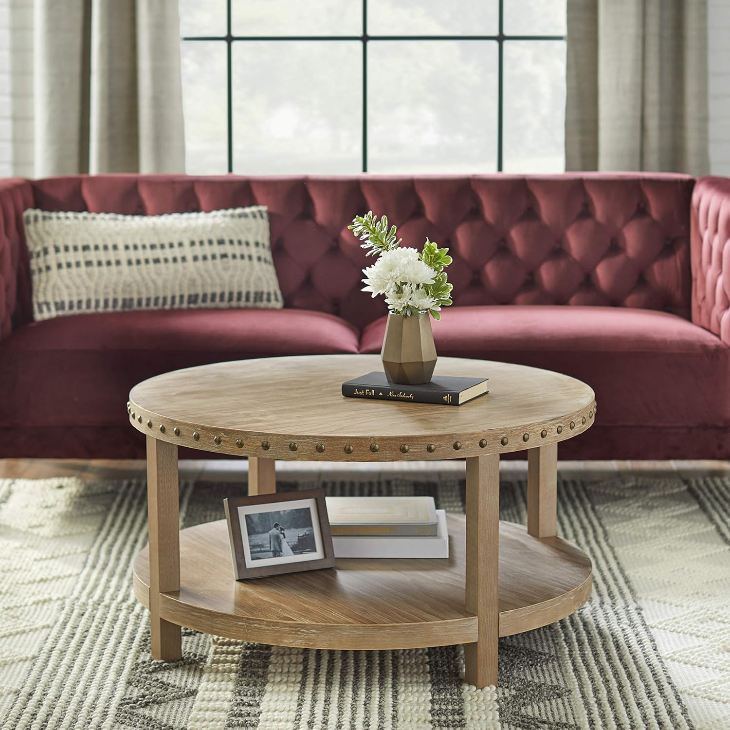 Target Marketing Systems Upland Round Solid Pine Wood Coffee, Sturdy Cocktail Accent Table, Black: Furniture & Decor