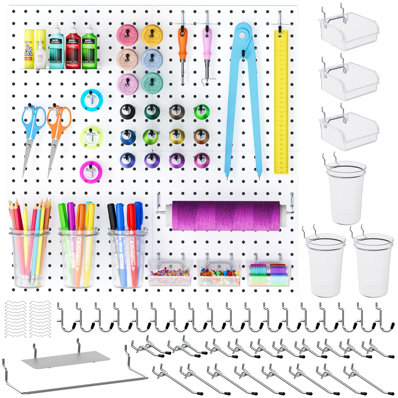 Photo 1 of INCLY 70PCS Metal Peg Board Kit with 1/4" Pegboard Accessories, 4 Pack White Pegboard Panels, Bins, Cups and Peg Board Hooks, Paper Towel Holder, Pegboard Wall Organizer for Craft Room, Office, Sewing