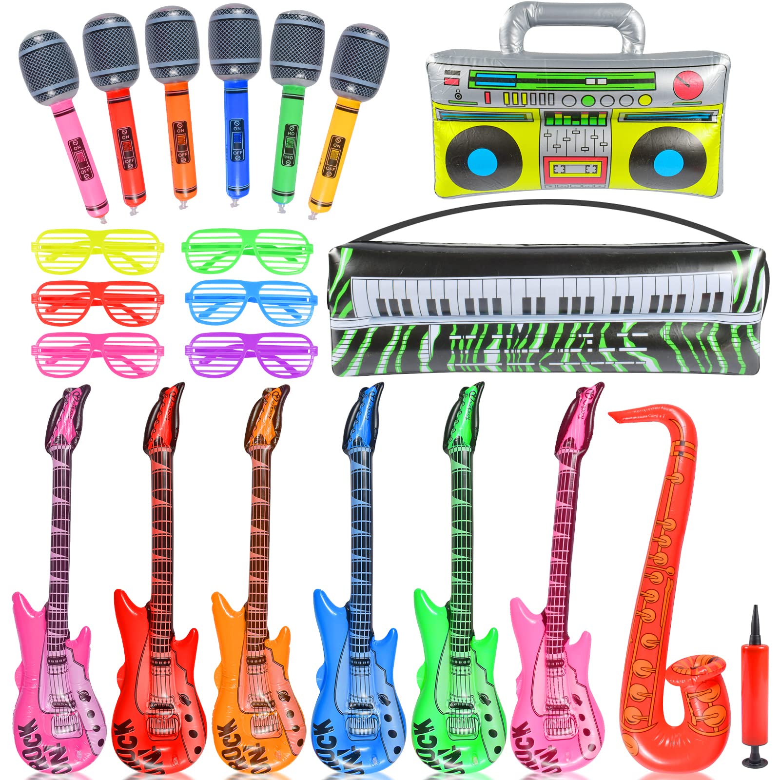 ZeYou Inflatable Musical Instruments 22 Pieces, Children's Microphone, Party Pack 80s and 90s Saxophone Microphones Radio Bass Keyboard Glasses for Photo Favors (ZeYou0003)