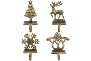 OCTERIC 4Pcs Stocking Holders, Reindeer Santa Snowflake Christmas Tree Metal Mantel Hooks, Anti-Slip Heavy Duty Solid Cast Iron Mantle Hangers Xmas Décor for Fireplace Holiday Indoor Decoration