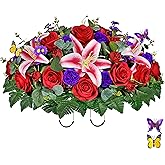 Saxili Artificial Grave Flower for Cemetery,Headstone Flower Saddle,Red Rose and Pink Lily for Xmas Decorative,Easy Fit