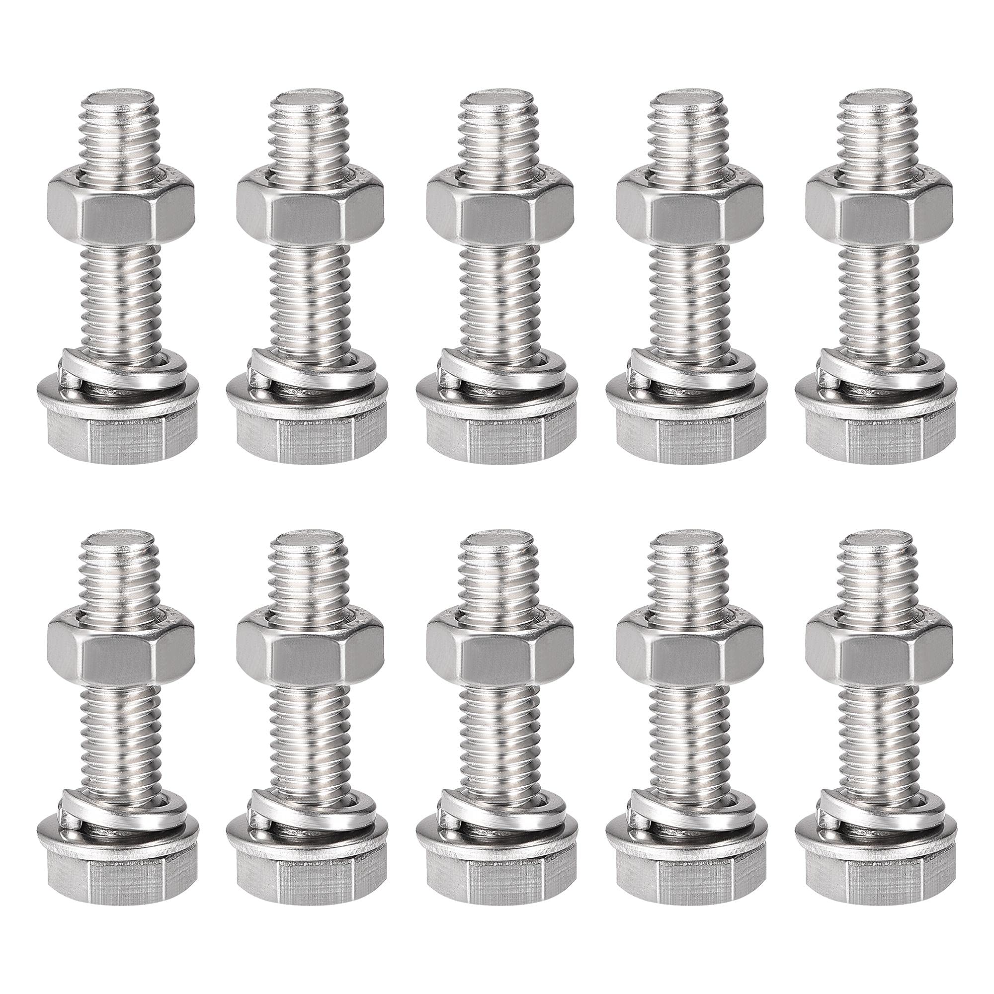 sourcing map M8 x 30mm Hex Head Screws Bolts, Nuts, Flat & Lock Washers Kits, 304 Stainless Steel Fully Thread Hexagon Bolts 10 Sets