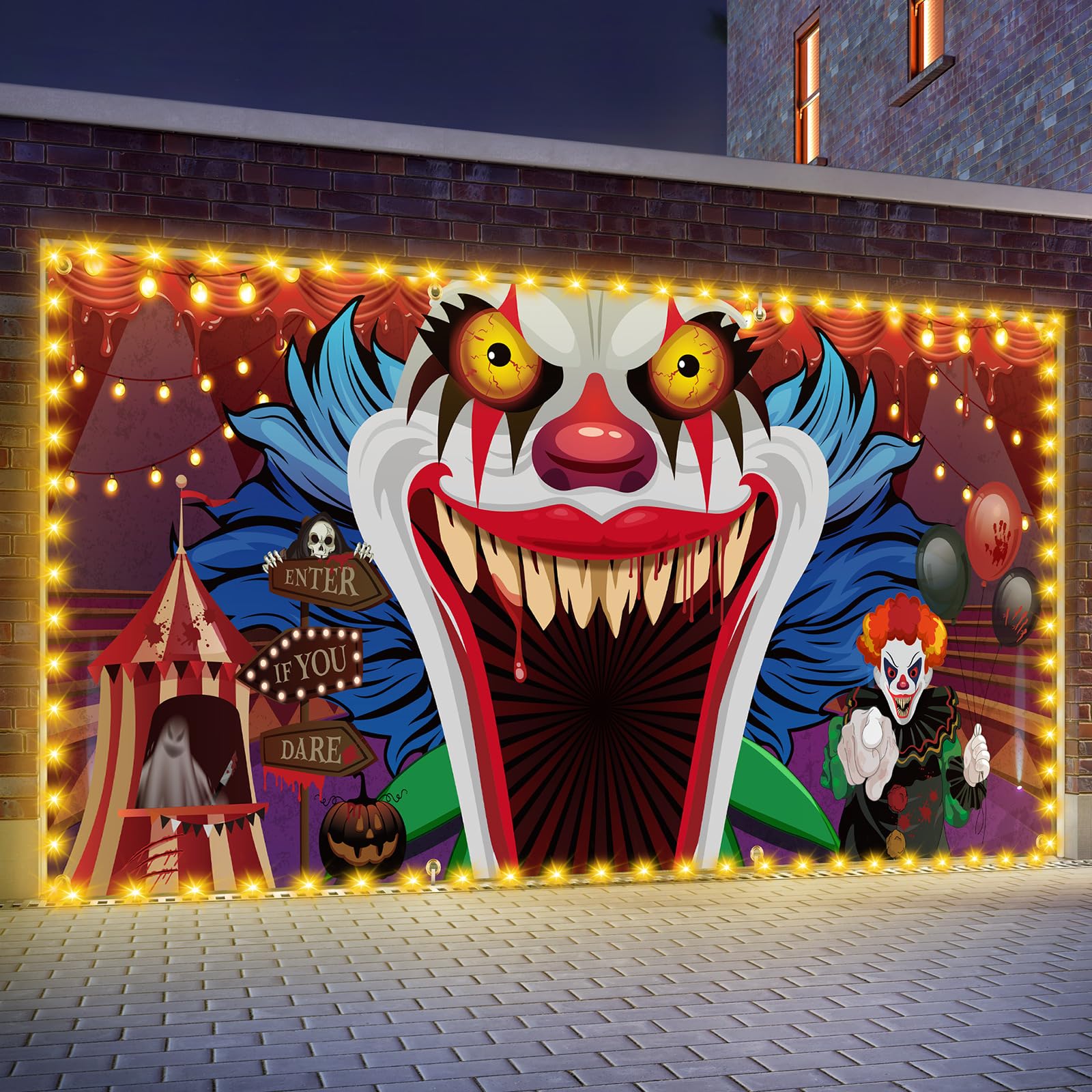 Photo 1 of Ganeen Halloween Garage Door Cover 7 x 16 ft Evil Clown Halloween Party Decorations Horror Garage Door Banner with LED String Light Scary Holiday Backdrops, Assembly Needed