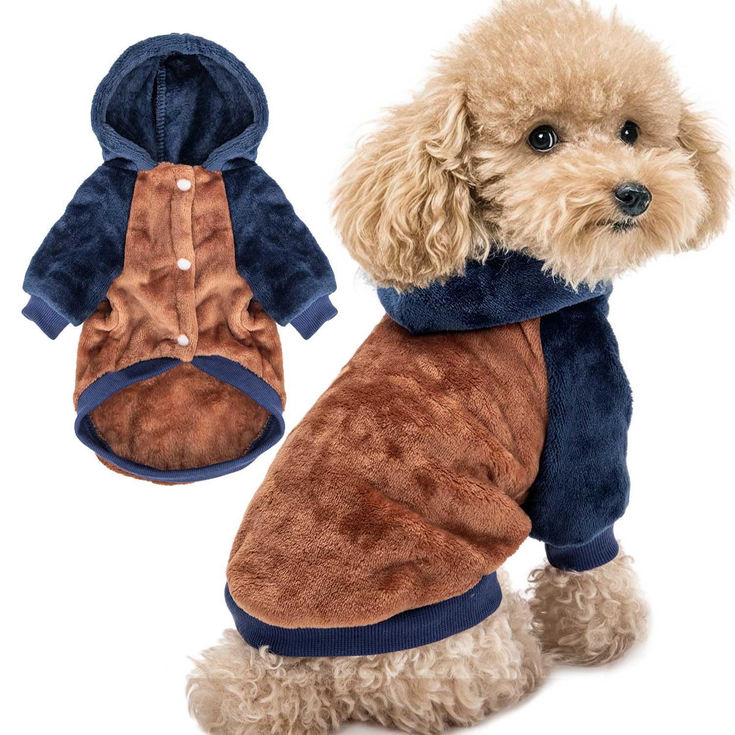 Photo 1 of FabriCastle Dog Hoodie Sweater for Small Dogs Boy and Girl, Small Dog Clothes XS XXS Puppy Sweatshirt, Pet Outfit, Cat Clothing Super Soft Warm Snap On Closure (Camel-Navy, Medium)