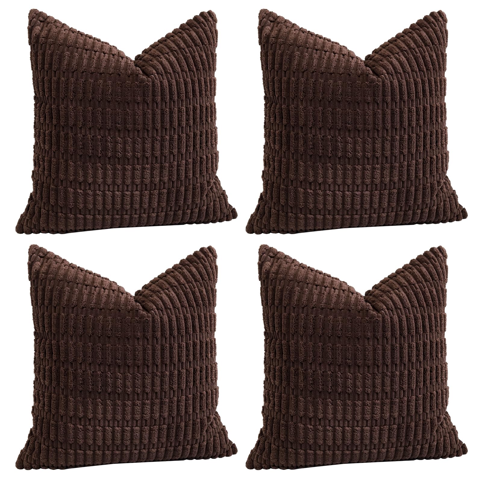 Sungeek Set of 4 Soft Corduroy Decorative Cushion Covers 45x45cm Square Striped Throw Pillow Covers 18x18 Inch for Sofa Couch Living Room Patio Farmhouse Boho Home Decor Pillowcases (Dark Brown)