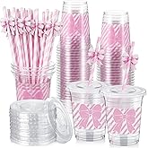 Maxdot 50 Pcs 16 oz Valentine Coquette Pink Bow Plastic Cups with Lids and Straws Pink Bowknot Disposable Drinkware for Party Supplies Baby Shower Birthday Bachelorette Wedding Bridal Party Supplies