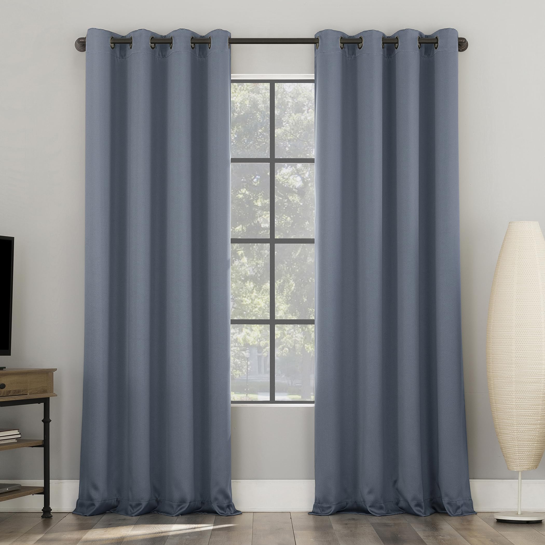 Sun Zero Nordic 2-Pack Theater Grade Noise Reducing Extreme 100% Blackout Grommet Curtain Panel Pair, 52" x 108", Denim Blue Image Sun Zero Nordic 2-Pack Theater Grade Noise Reducing Extreme 100% Blackout Grommet Curtain Panel Pair, 52" x 108", Denim Blue Image