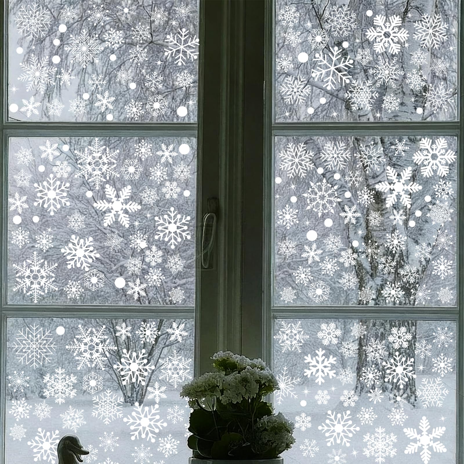Photo 1 of 207 PCS Snowflake Window Clings for Glass, Double-Sided, Reusable Static Clings, No-Glue, Removable Christmas & Winter Wonderland Decorations for Windows and Doors (9 Sheets)