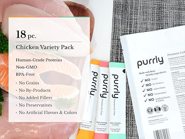 PURRLY LICKABLE WET CAT TREATS HEALTHY GRAIN-FREE CHICKEN VARIETY PACK (18 COUNT) SQUEEZABLE CREAMY PURÉE WITH HUMAN-GRADE PROTEIN SOURCES AND FUNCTIONAL NUTRIENTS NON-GMO NO-ARTIFICIAL-ADDITIVES
