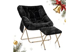 Osumlee Comfy Saucer Chair for Adults, Foldable Living Room Chairs, Soft Faux Fur Lounge Chair for Bedroom, Reading Chairs, X-Large (Ottoman-Black)