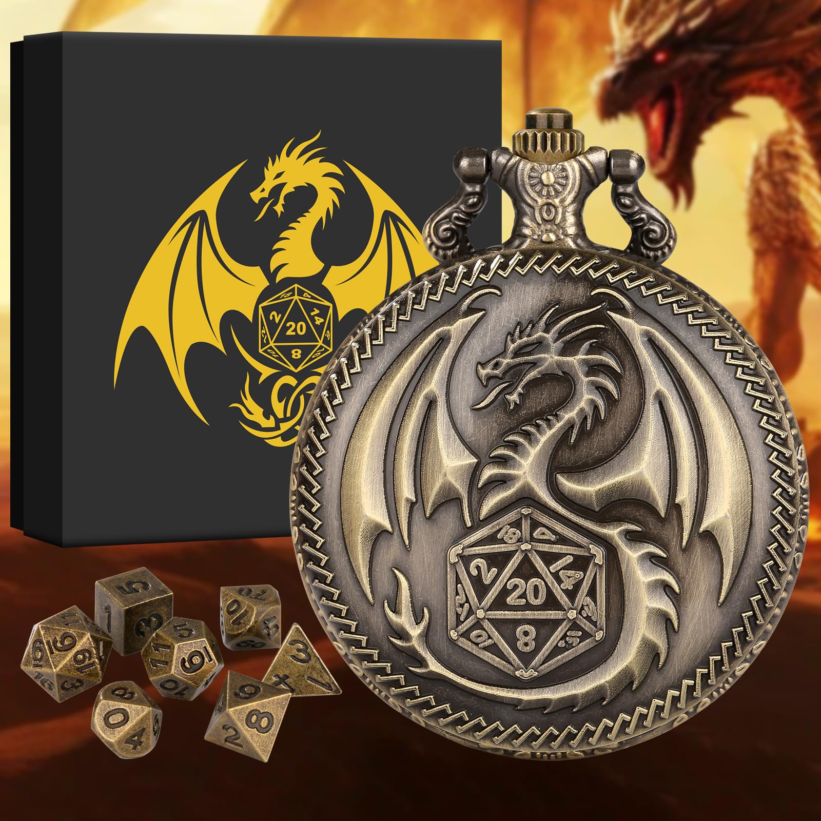 BYRRSF Mini DND Dice Set, Steampunk Dragon Pocket Watch Shell Case, 7pcs Polyhedral Metal D&D Dice Set, DND Gifts with Gift Box, Role Playing Board Game Accessories, Bronze