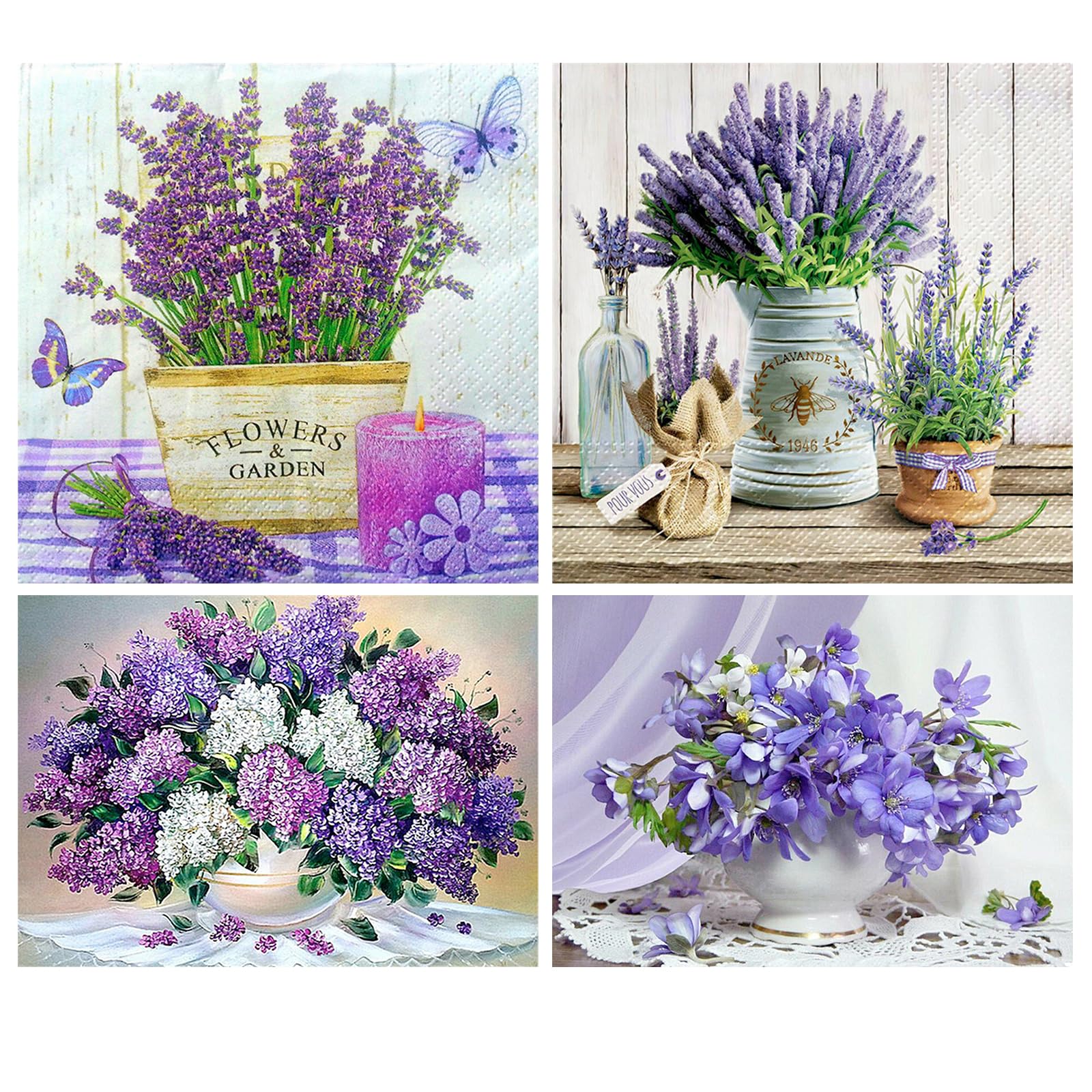 SHEGZHUC Purple Flowers Set of 4 30 x 30/40 cm Diamond Painting Pictures Butterflies Lilac Colour Diamond Painting Orchids Purple Diamond Painting Bouquet in Vase Embroidery Landscape