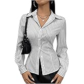 SweatyRocks Women's Striped Print Button Down Shirt Collared Long Sleeve Fitted Work Blouses