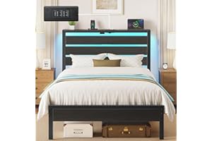 Rolanstar Bed Frame Twin Size with USB Charging Station, LED Bed Frame with Wood Storage Headboard, Black Metal Platform Bed with Under Bed Storage, No Box Spring Needed, Noise Free