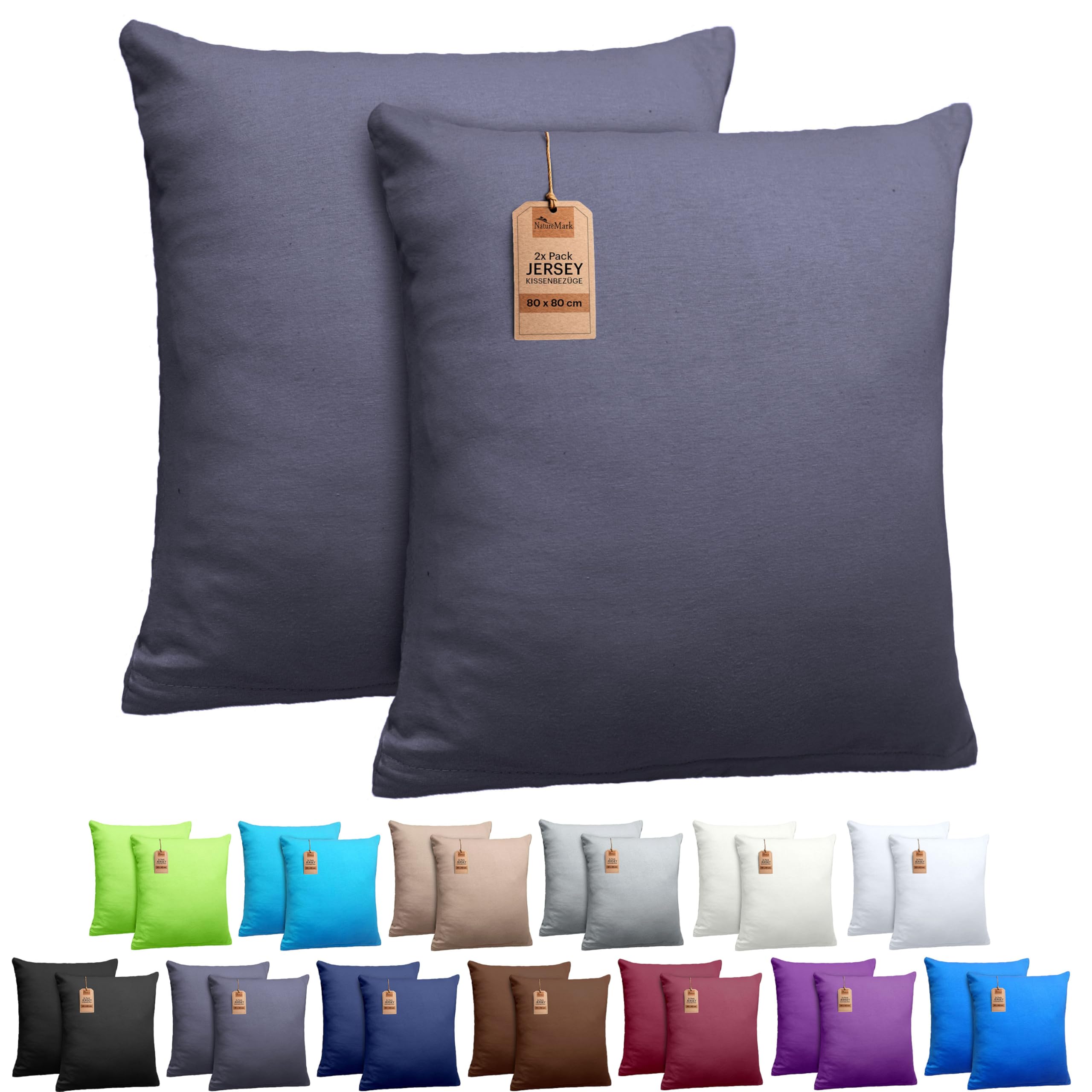 NatureMark 2 Pack Jersey Cushion Covers Pillow Cases / Cushion Covers for Body Pillows Neck Cushions Assorted Sizes and Colours öko-Tex, 100% Cotton, Charcoal Grey, 80 x 80 cm