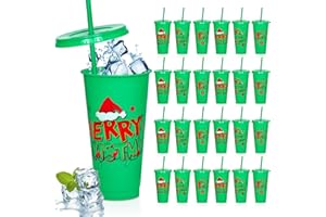 Cinrobiye 24 PCS Christmas Party Favors Xmas Plastic Cups with Lid Straw 24 oz Reusable Plastic Drink Cups Bulk Water Bottle Coffee Mug for Winter Holiday Party Supplies Classroom Gifts (24, Green)