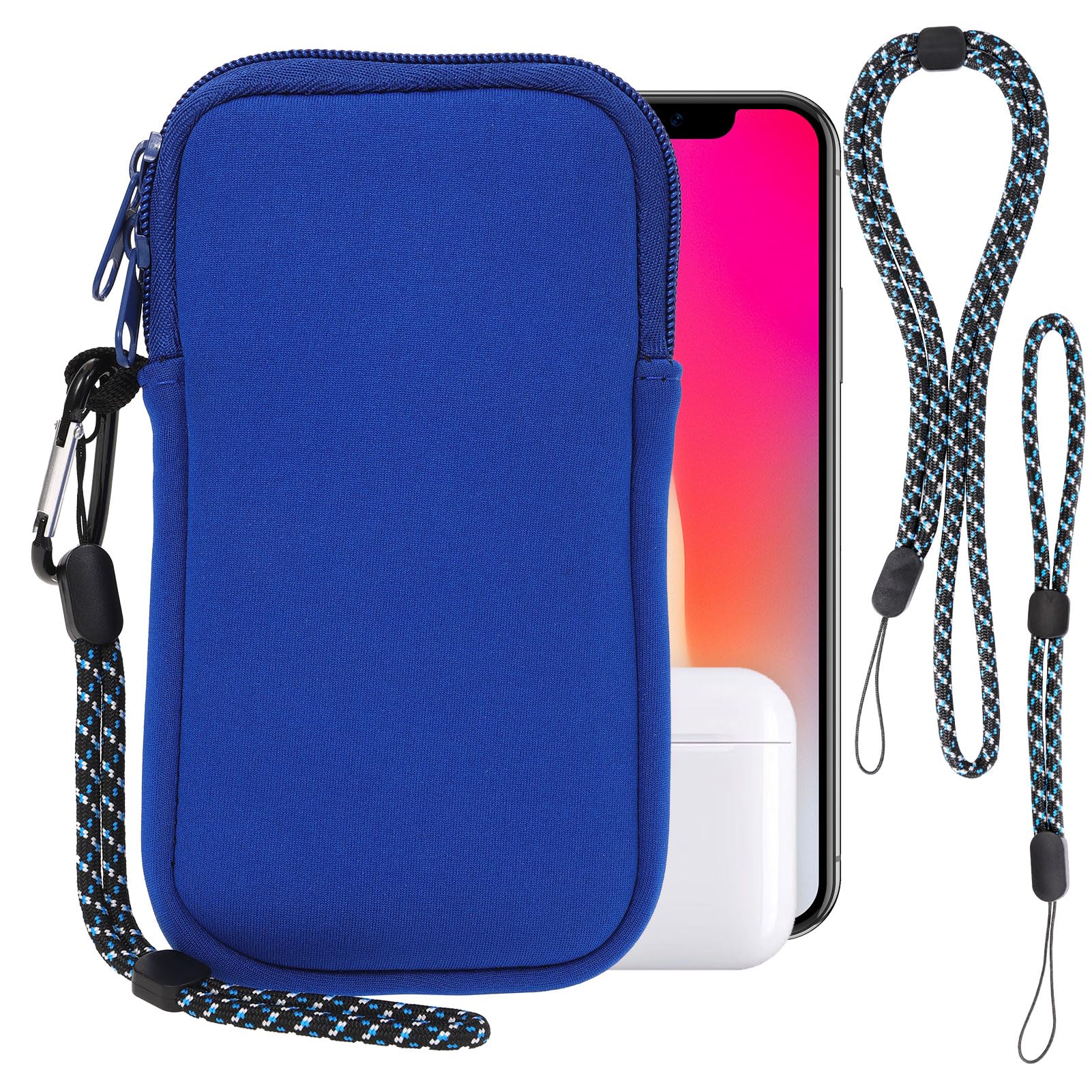 Pwsap Phone Sock, Universal Shock & Impact Resistant Neoprene Pouch with Carabiner and Lanyard Strap Sleeve Case for Hiking & Travelling Phone Bag Fits Phones up to 7 Inches, Light Blue, M