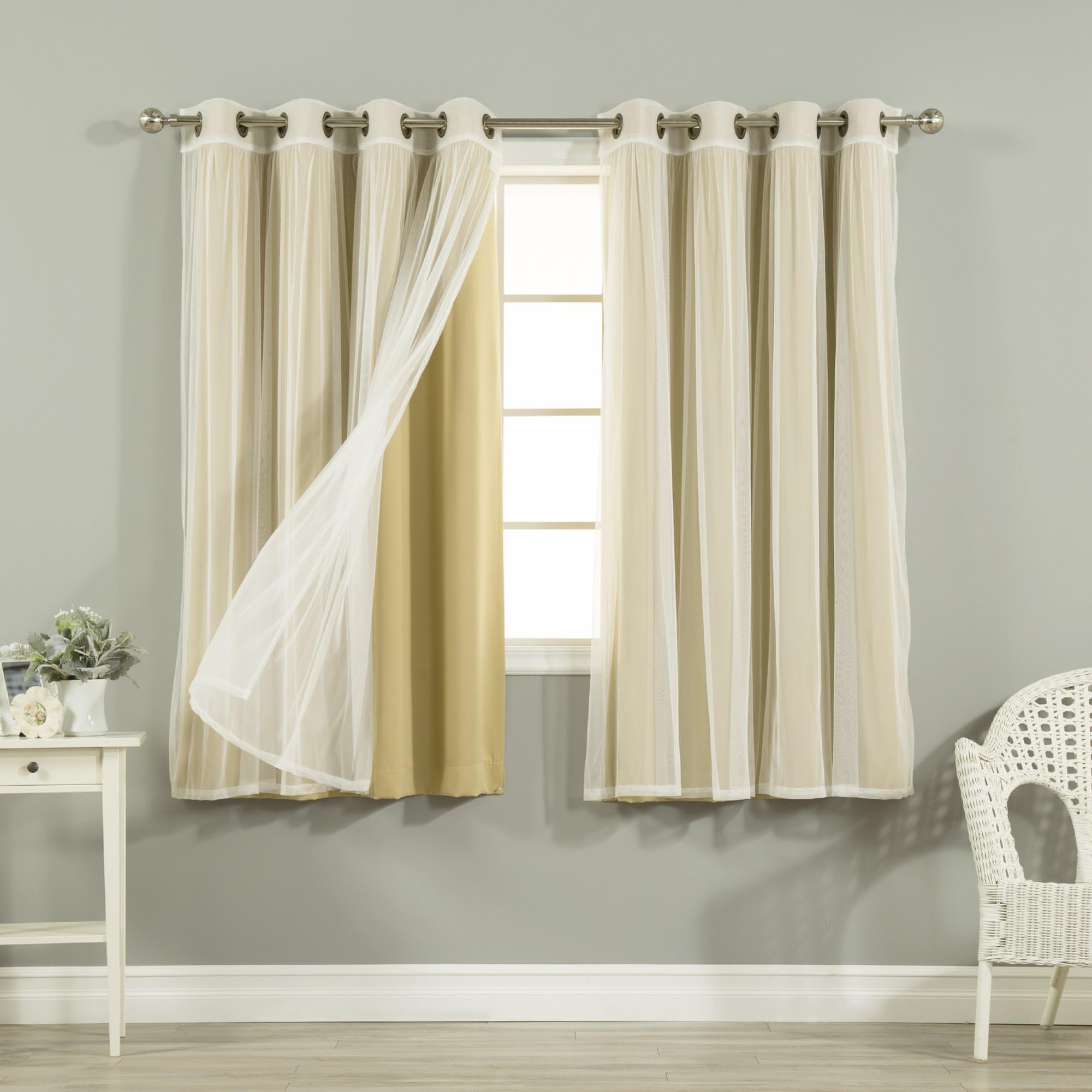 Best Home Fashion uMIXm Tulle Sheer Lace & Blackout 4 Piece Curtain Set - Antique Bronze Grommet Top - Wheat - 52" W X 63" L - (2 Curtains and 2 Sheer Curtains )