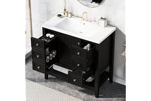 LUMISOL 36" Bathroom Vanity with Sink, Modern Bathroom Vanity Set with 3 Drawers, Cabinet & Open Shelf, Wood Bathroom Cabinet with Undermount Ceramic Sink, Black
